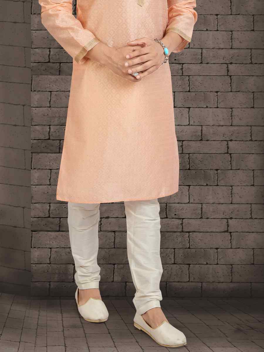 Peach Jacquard Silk Brocade Woven Plain Wedding Party Kurta