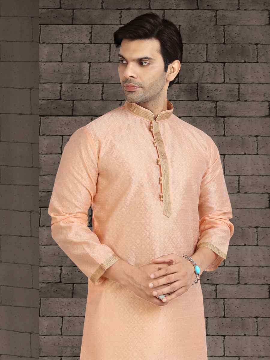 Peach Jacquard Silk Brocade Woven Plain Wedding Party Kurta