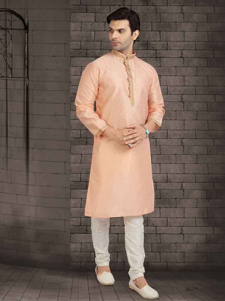 Peach Jacquard Silk Brocade Woven Plain Wedding Party Kurta