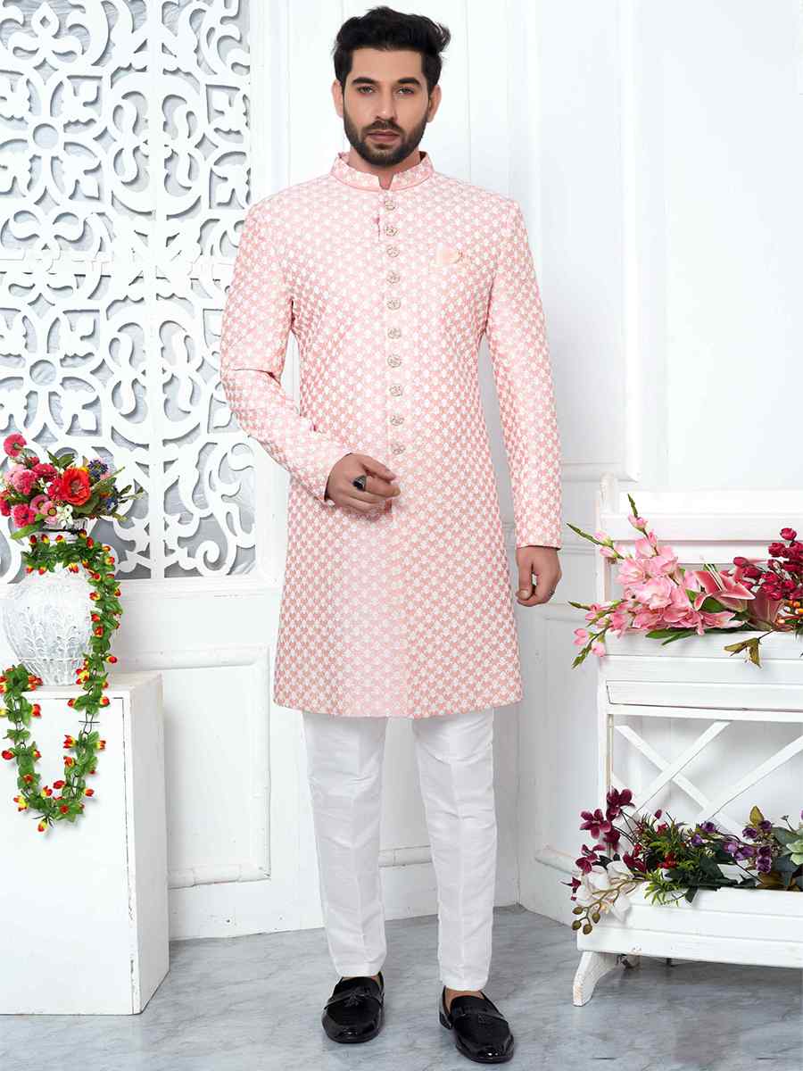 Peach Jacquard Silk Embroidered Groom Wedding Sherwani