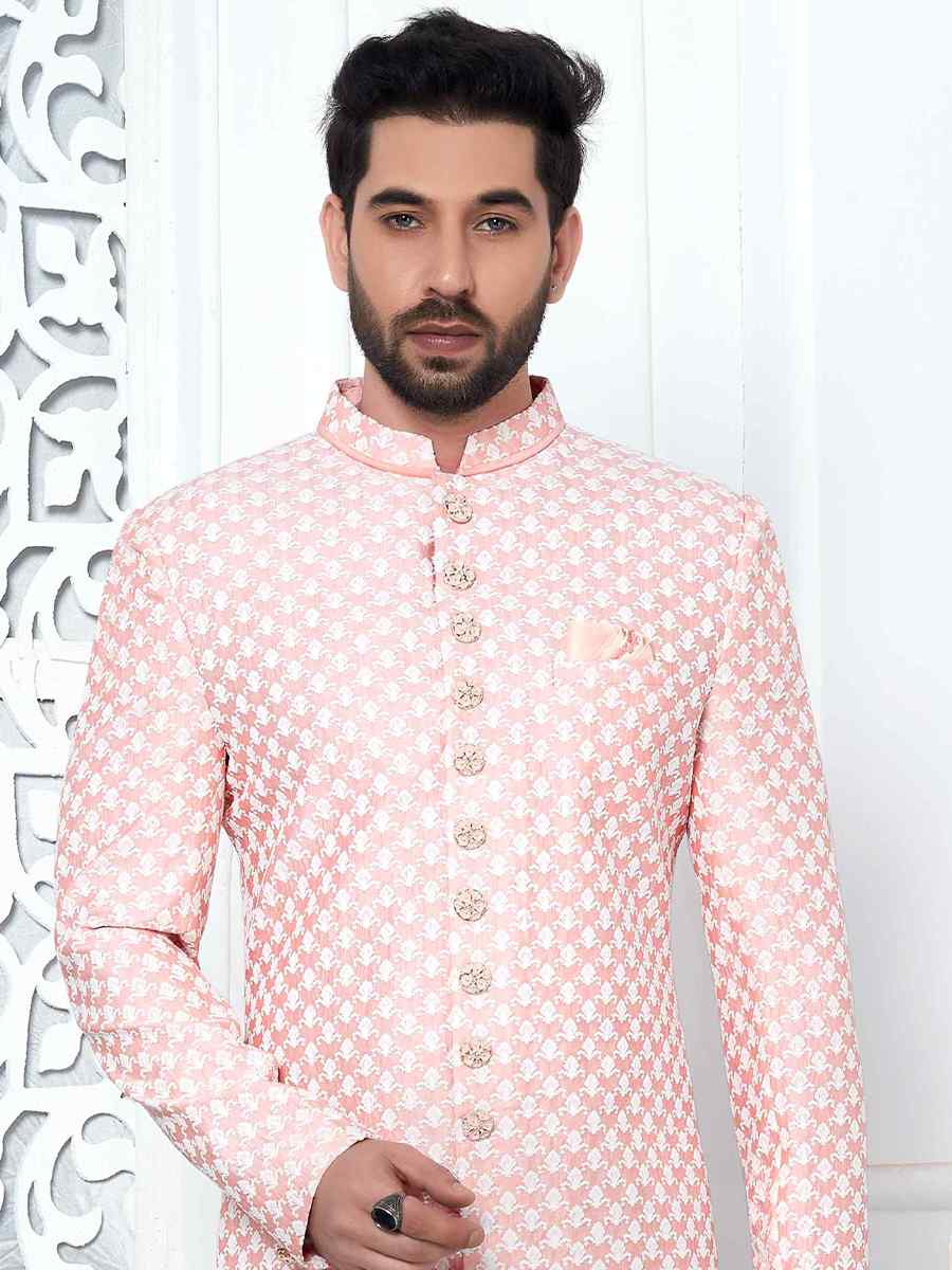 Peach Jacquard Silk Embroidered Groom Wedding Sherwani