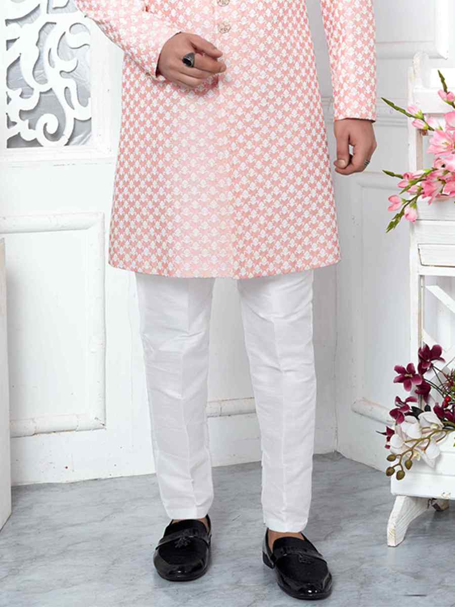 Peach Jacquard Silk Embroidered Groom Wedding Sherwani