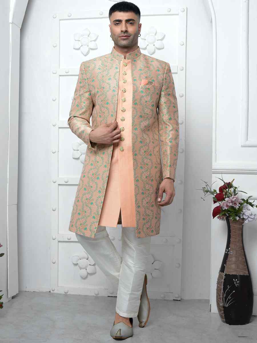 Peach Jacquard Silk Embroidered Groom Wedding Sherwani