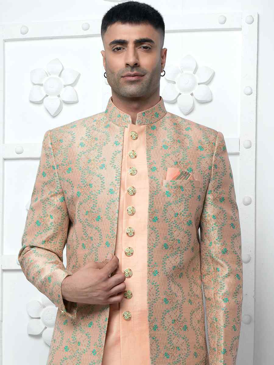 Peach Jacquard Silk Embroidered Groom Wedding Sherwani