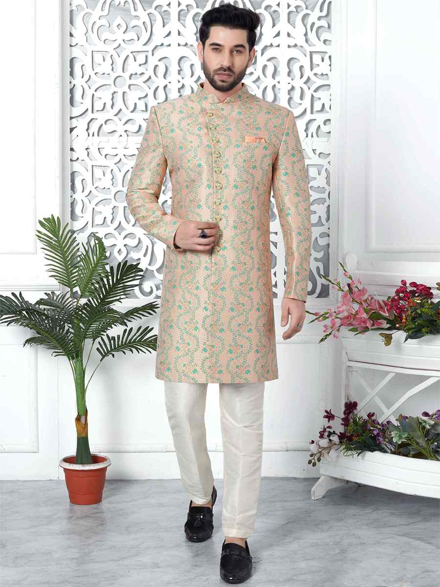 Peach Jacquard Silk Embroidered Groom Wedding Sherwani