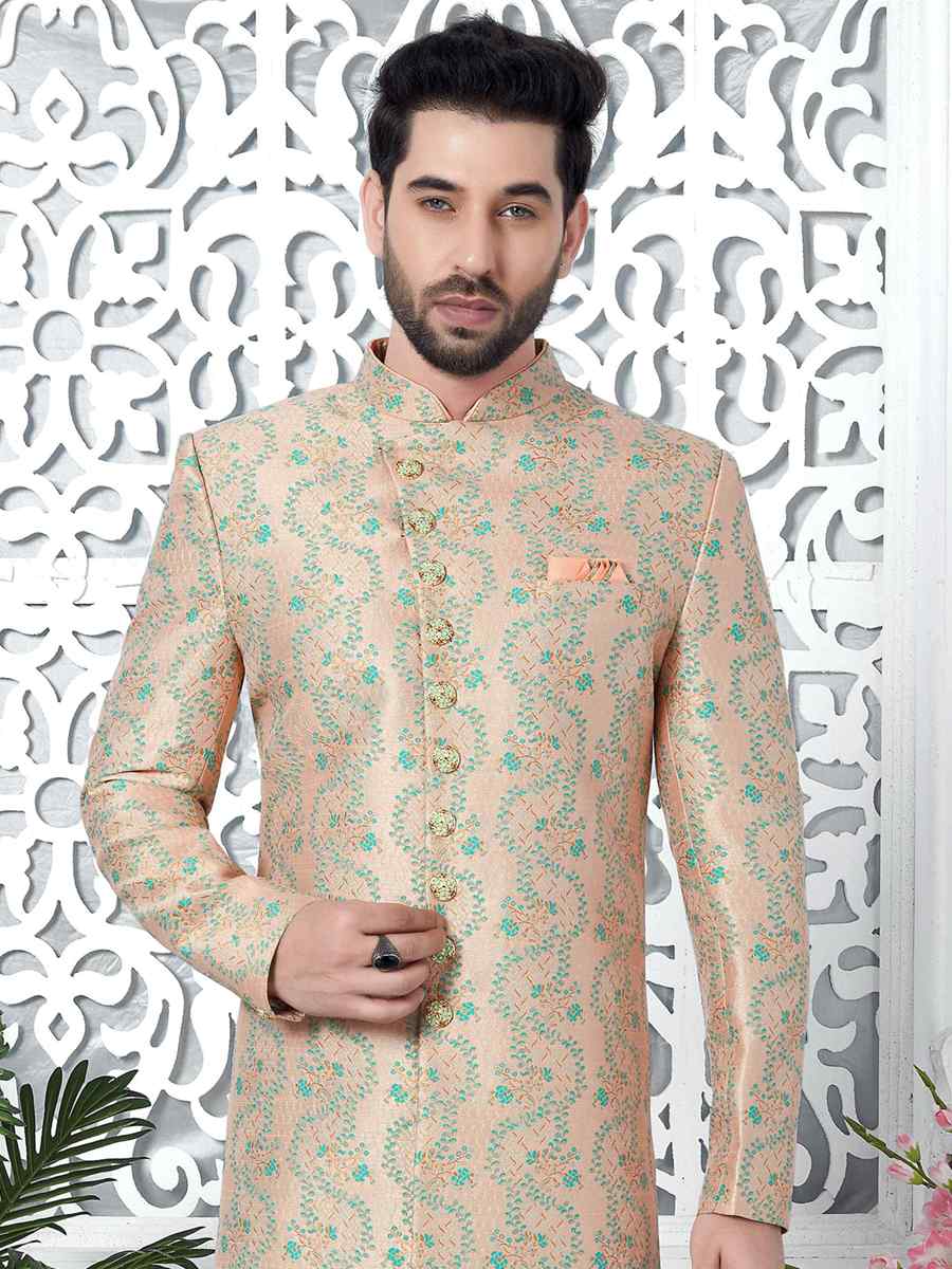 Peach Jacquard Silk Embroidered Groom Wedding Sherwani