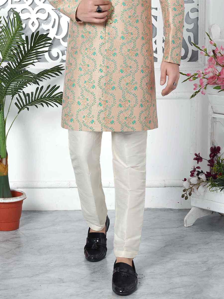 Peach Jacquard Silk Embroidered Groom Wedding Sherwani