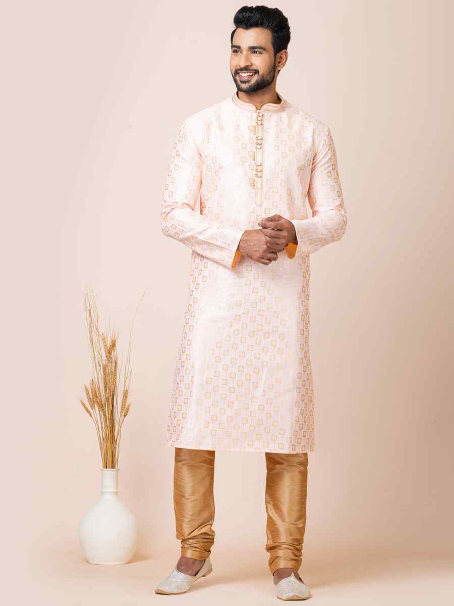Peach Jacquard Silk Woven Festival Mehendi Kurta