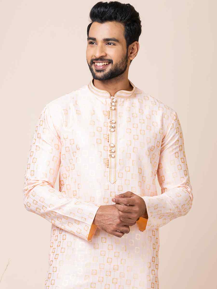 Peach Jacquard Silk Woven Festival Mehendi Kurta