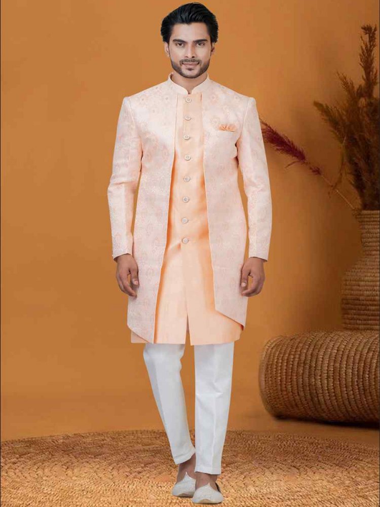 Peach Jacquard Silk Woven Groom Wedding Sherwani