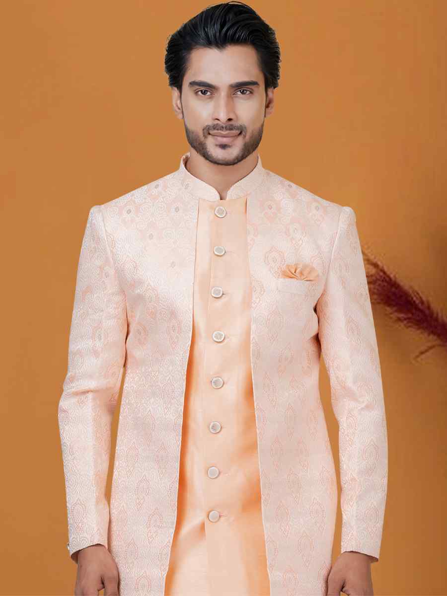 Peach Jacquard Silk Woven Groom Wedding Sherwani