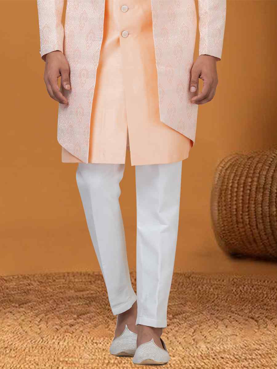 Peach Jacquard Silk Woven Groom Wedding Sherwani