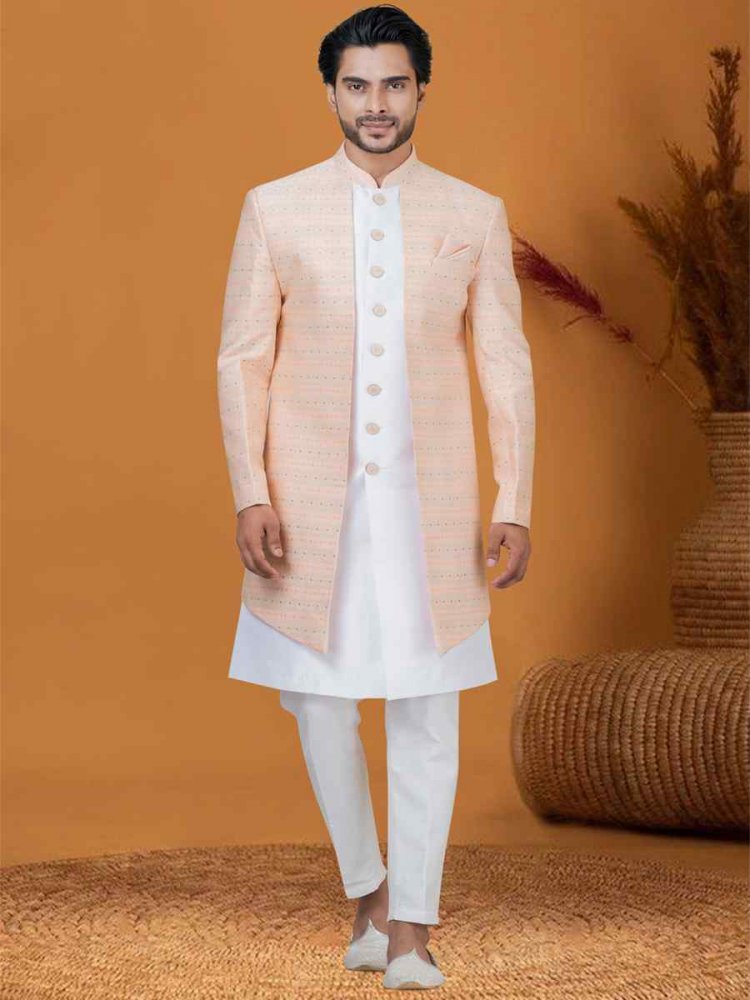 Peach Jacquard Silk Woven Groom Wedding Sherwani