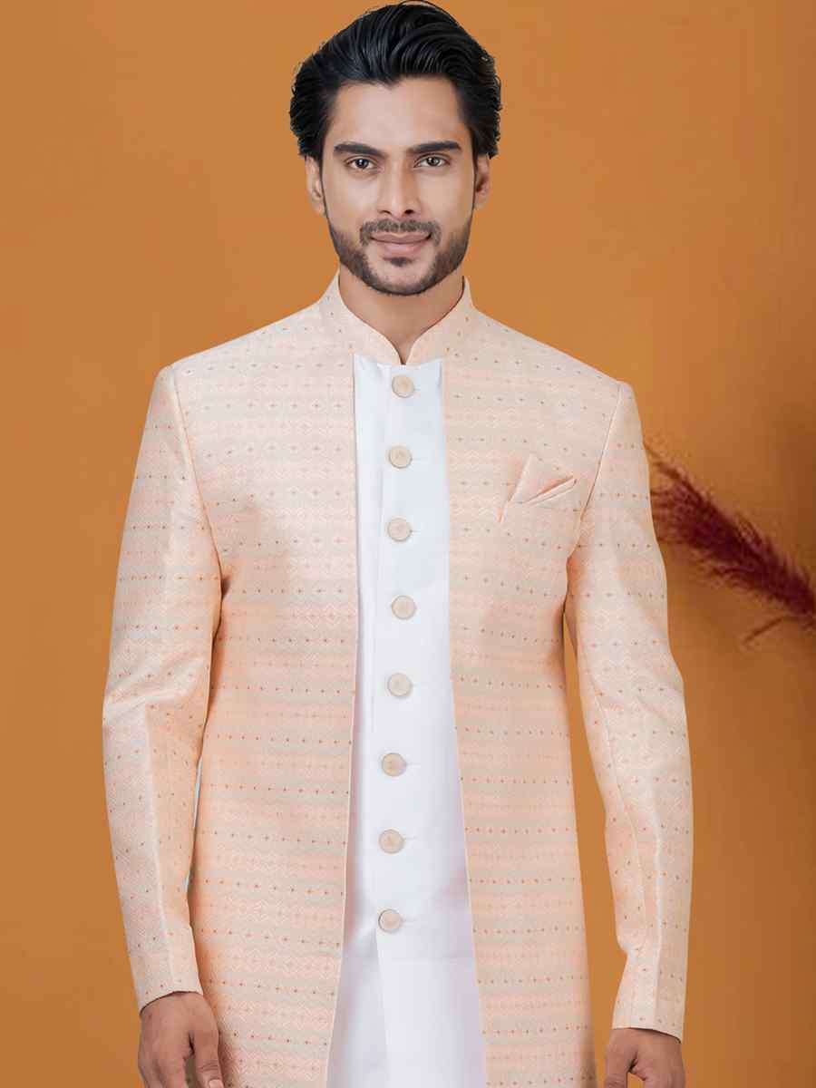 Peach Jacquard Silk Woven Groom Wedding Sherwani
