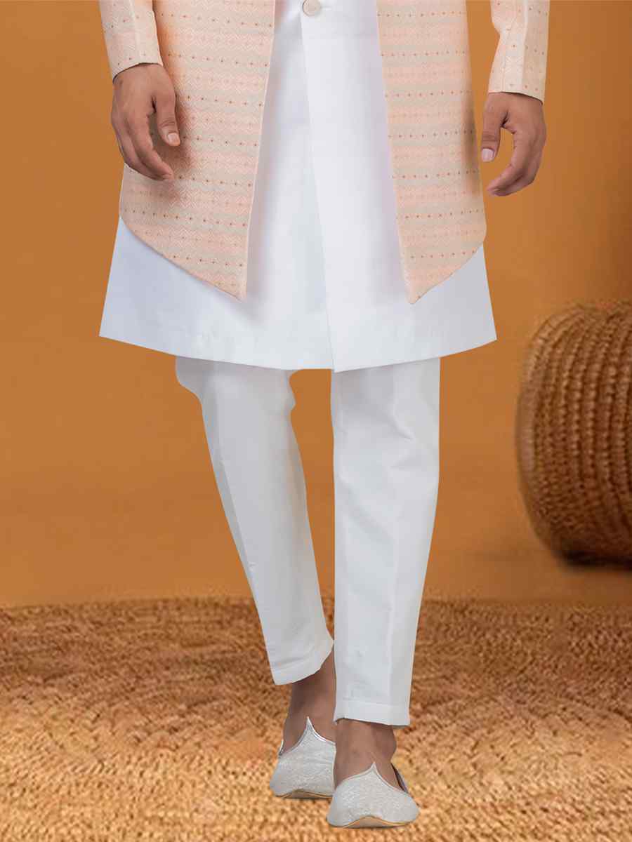 Peach Jacquard Silk Woven Groom Wedding Sherwani