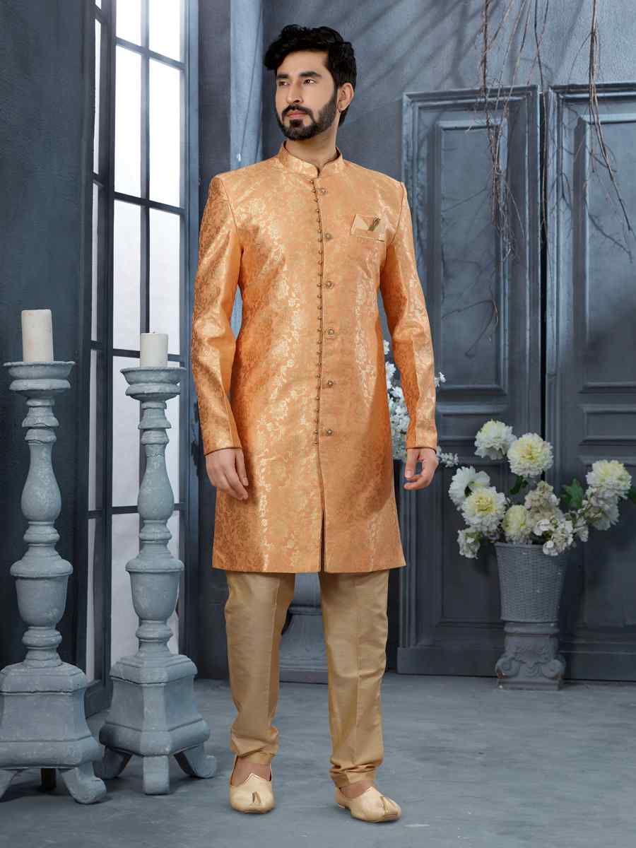 Peach Jacquard Woven Festival Wedding Sherwani