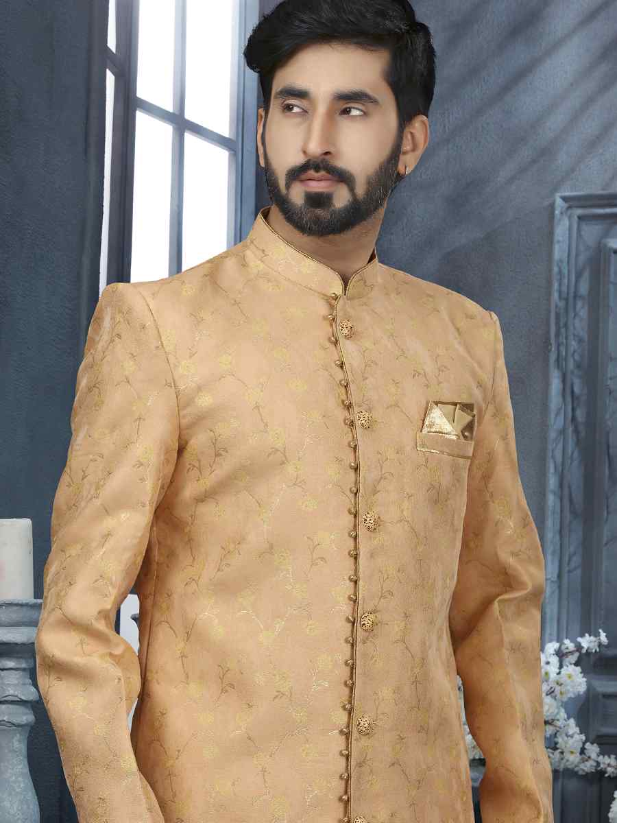 Peach Jacquard Woven Festival Wedding Sherwani