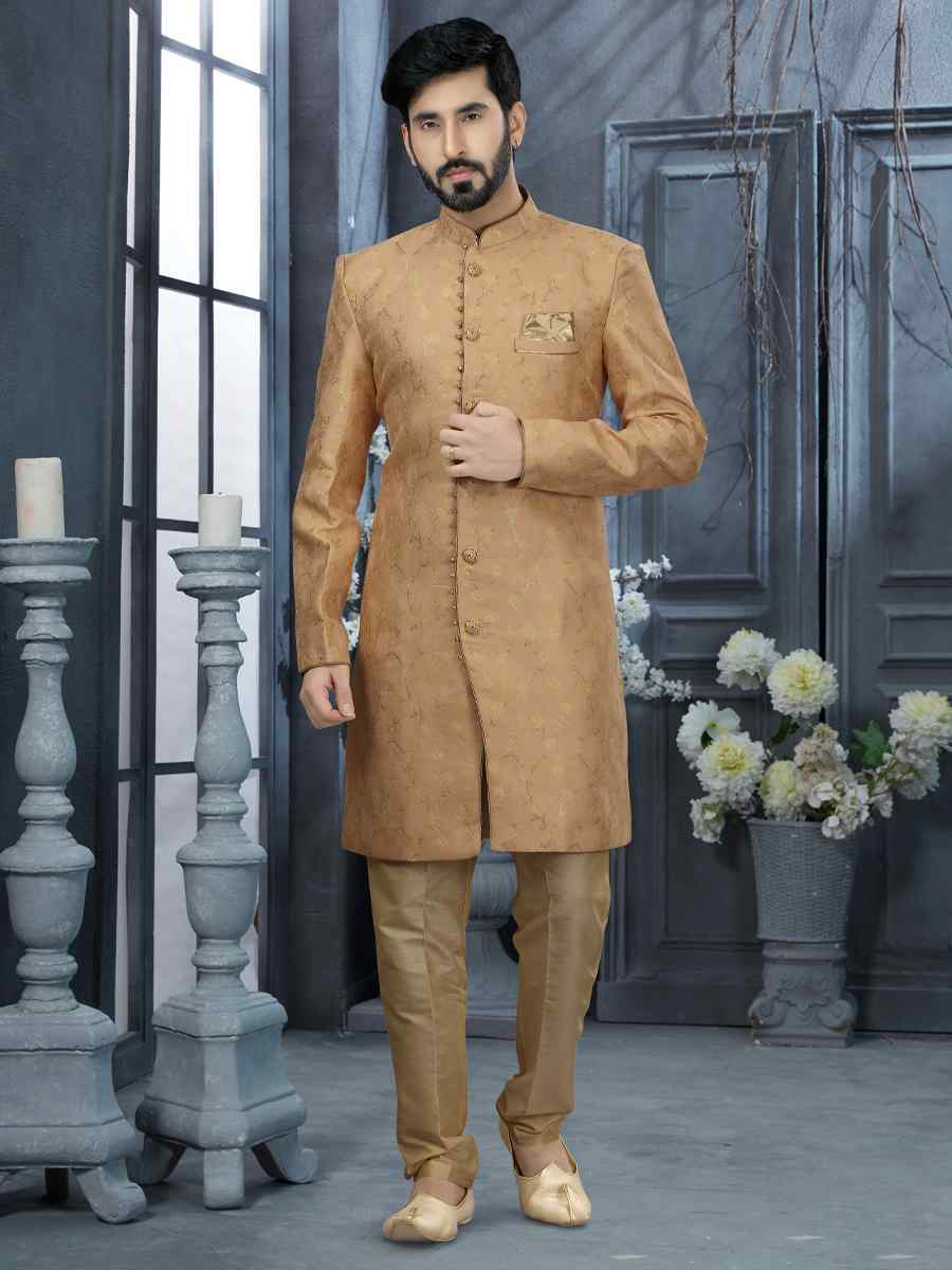 Peach Jacquard Woven Festival Wedding Sherwani