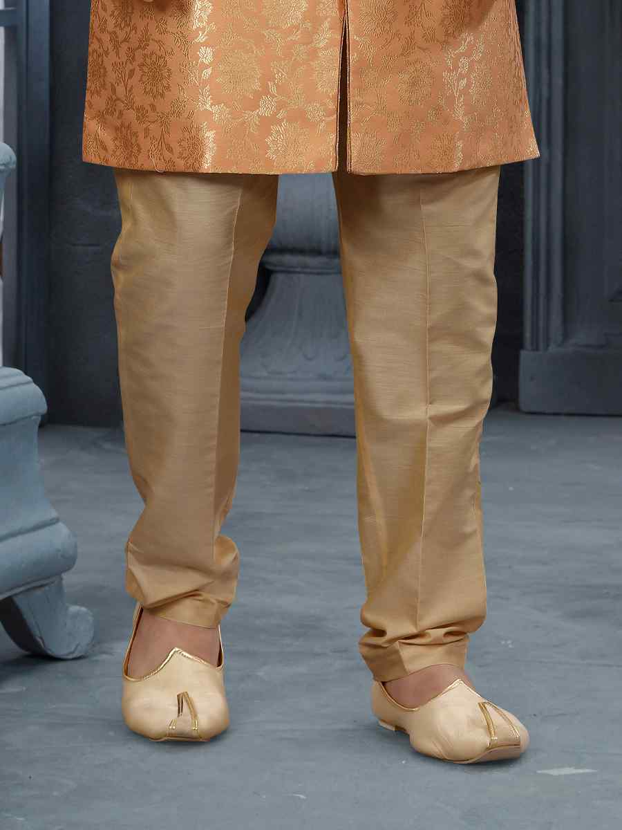 Peach Jacquard Woven Festival Wedding Sherwani