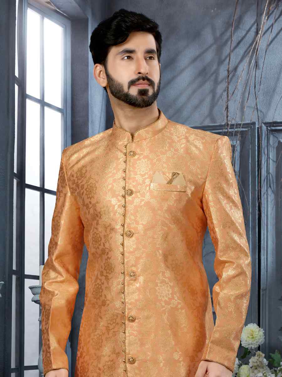 Peach Jacquard Woven Festival Wedding Sherwani
