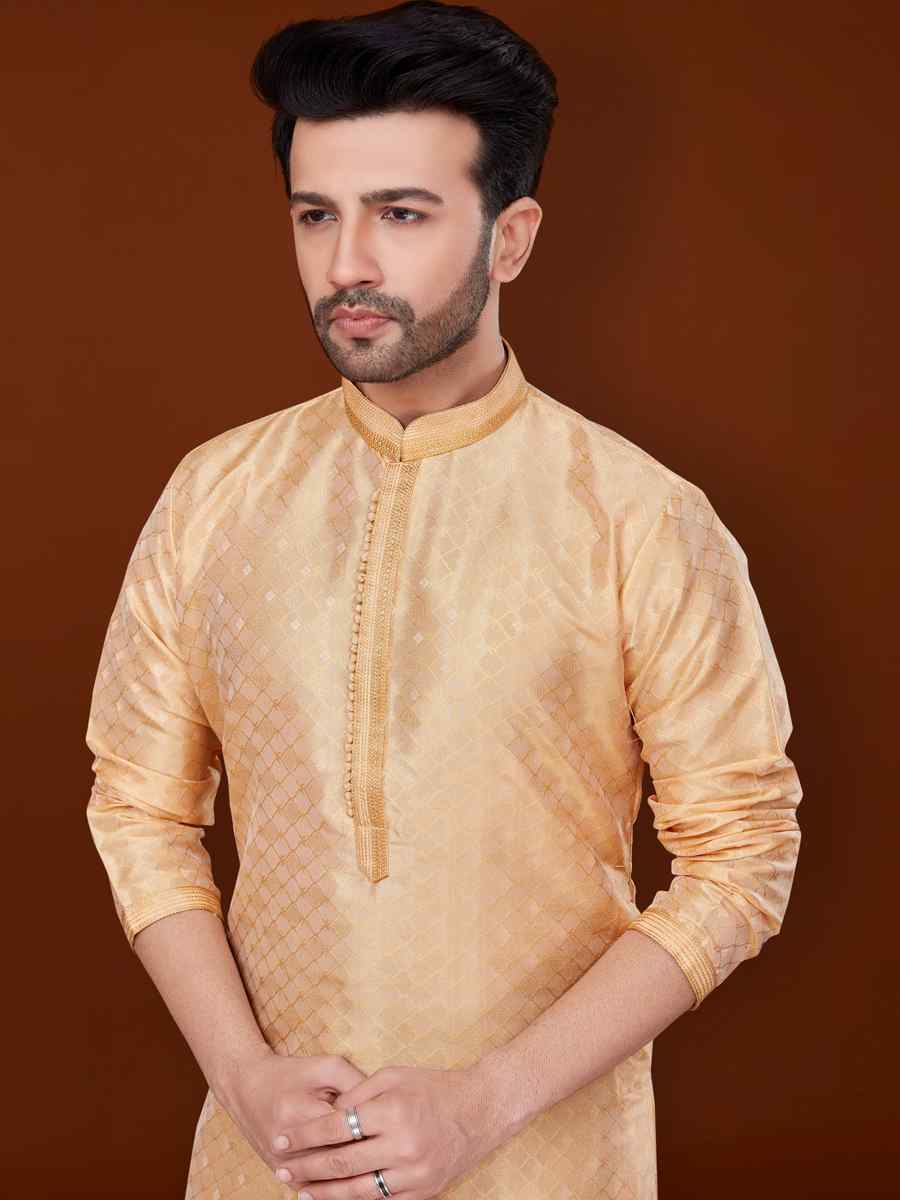 Peach Jacquard Woven Wedding Festival Kurta