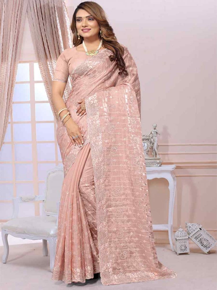 Peach Jimmy Choo Silk Embroidery Party Reception Heavy Border Saree