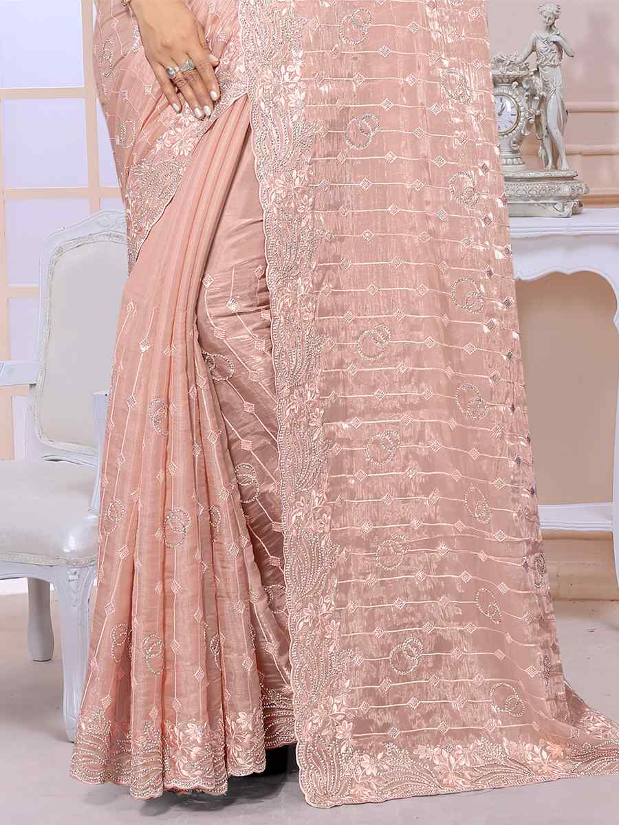 Peach Jimmy Choo Silk Embroidery Party Reception Heavy Border Saree