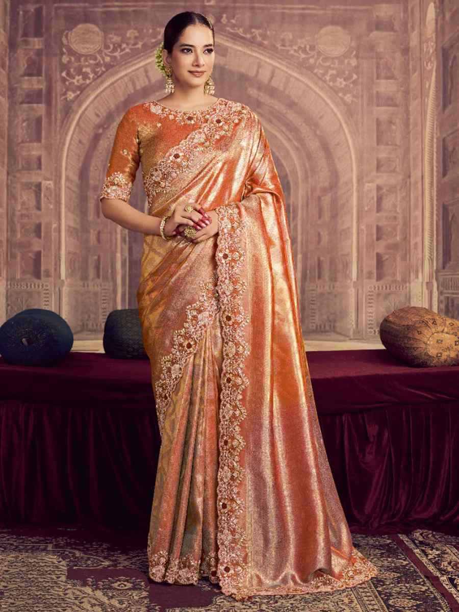 Peach Kanjivaram Pure Zari Silk Embroidery Bridal Reception Festival Wedding Fancy Heavy Border Saree