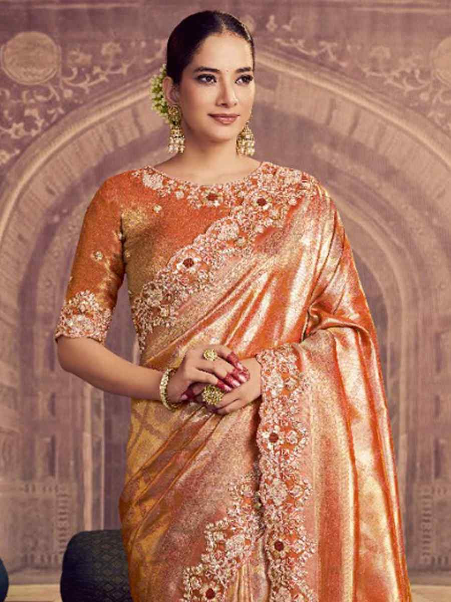 Peach Kanjivaram Pure Zari Silk Embroidery Bridal Reception Festival Wedding Fancy Heavy Border Saree