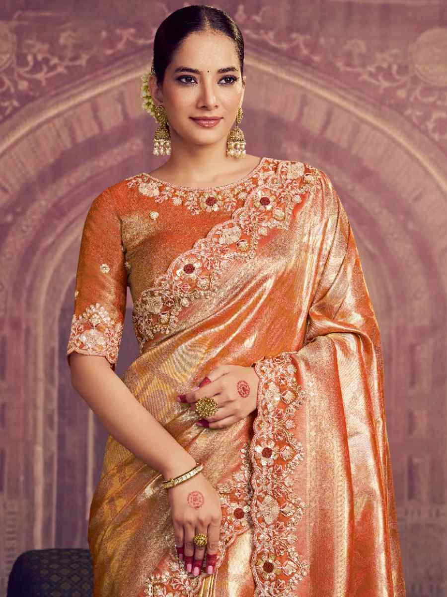 Peach Kanjivaram Pure Zari Silk Embroidery Bridal Reception Festival Wedding Fancy Heavy Border Saree