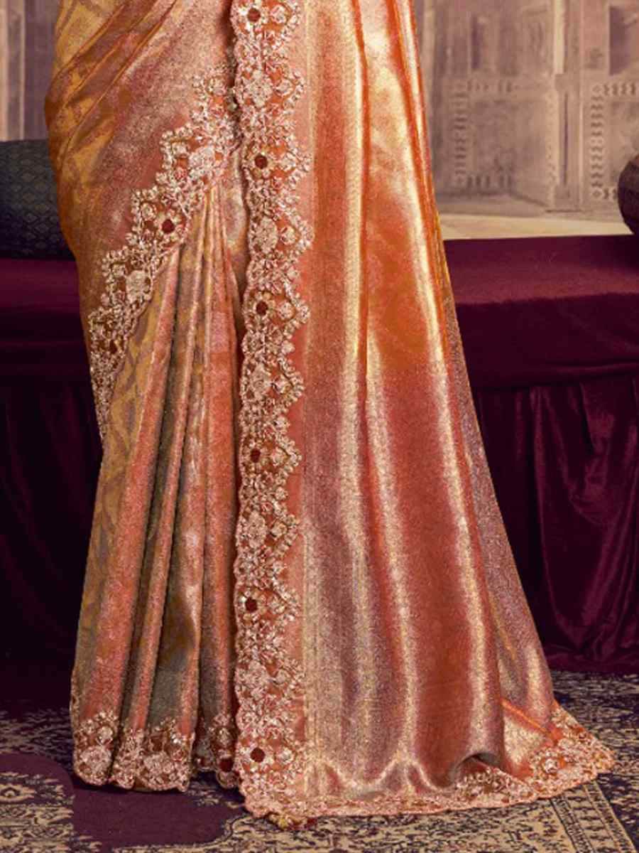 Peach Kanjivaram Pure Zari Silk Embroidery Bridal Reception Festival Wedding Fancy Heavy Border Saree