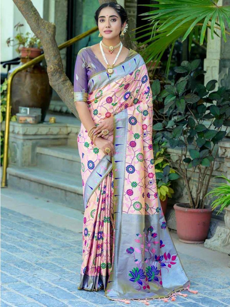 Peach Kanjivaram Silk Handwoven Wedding Festival Heavy Border Saree