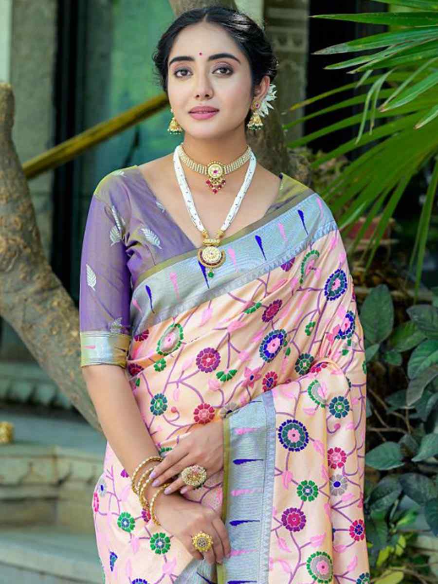 Peach Kanjivaram Silk Handwoven Wedding Festival Heavy Border Saree