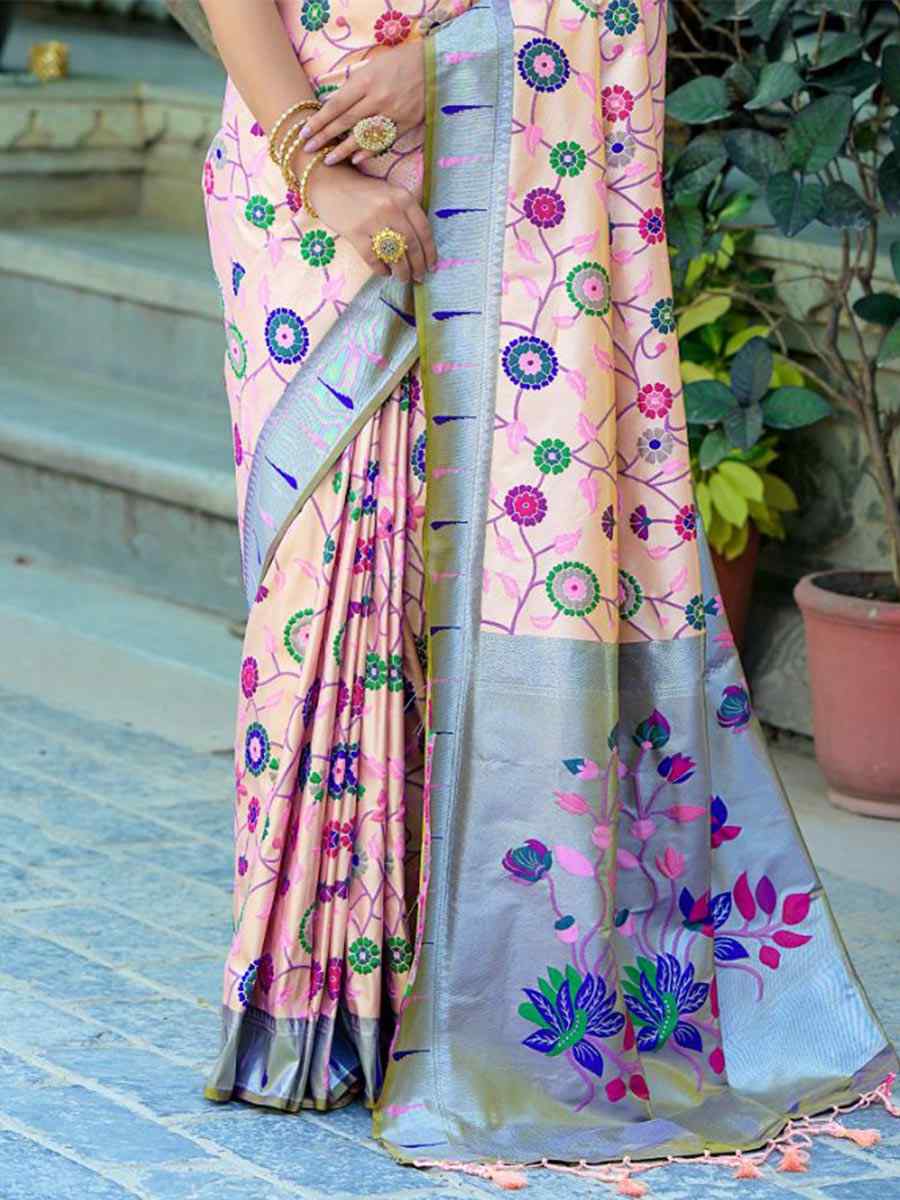 Peach Kanjivaram Silk Handwoven Wedding Festival Heavy Border Saree
