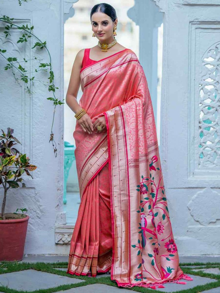 Peach Kanjivaram Silk Handwoven Wedding Festival Heavy Border Saree