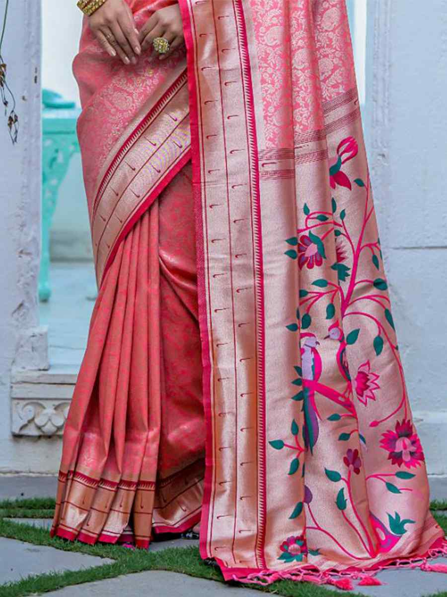 Peach Kanjivaram Silk Handwoven Wedding Festival Heavy Border Saree