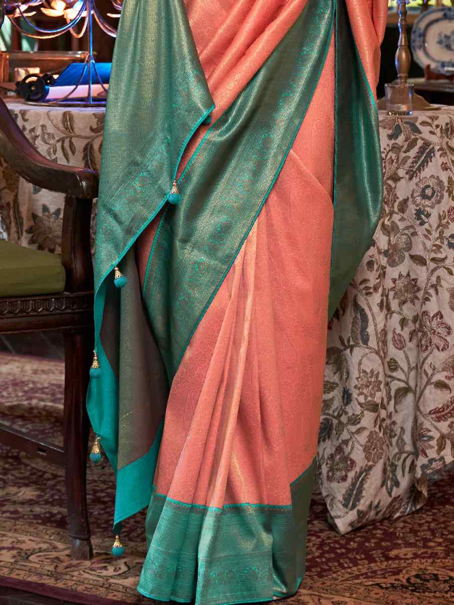 Peach Kanjivaram Silk Handwoven Wedding Festival Heavy Border Saree