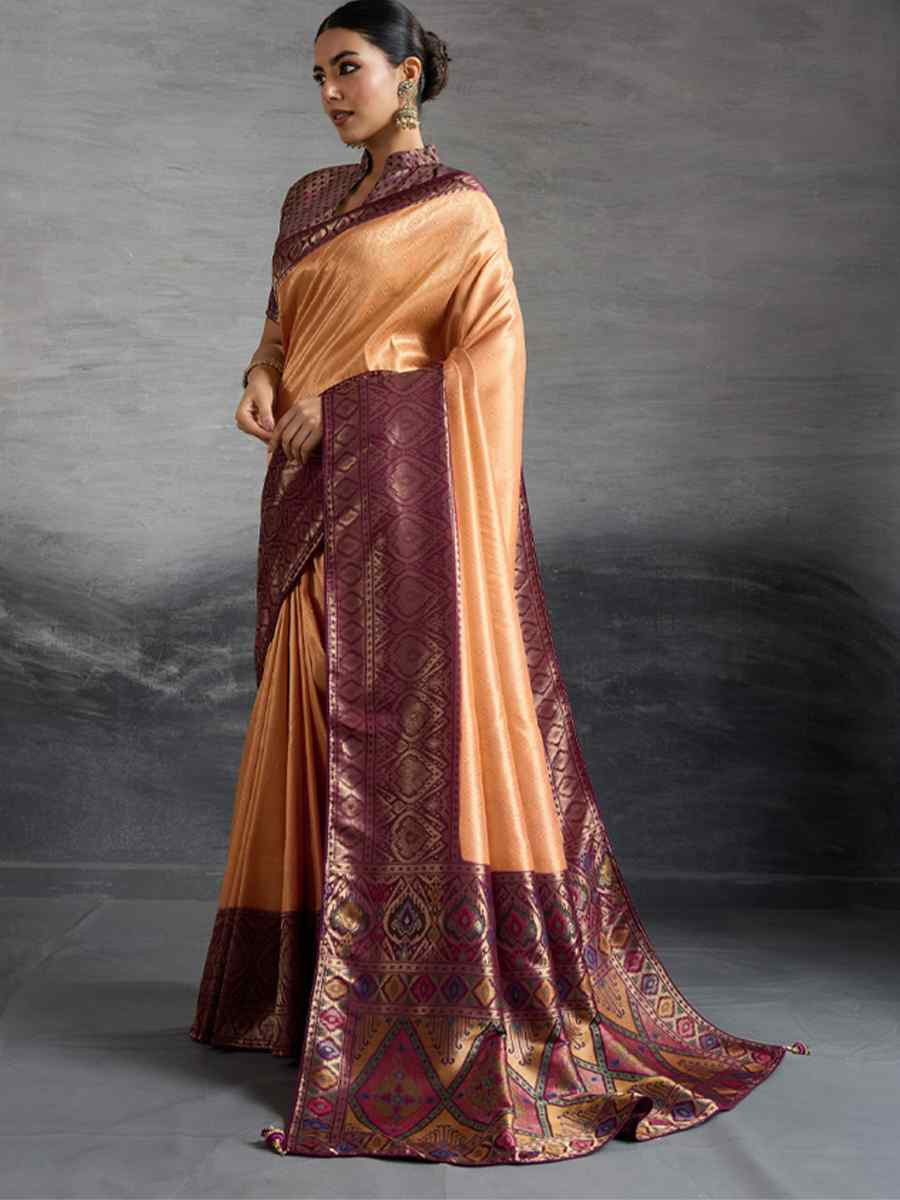 Peach Kanjivaram Soft Silk Handwoven Traditional Bridal Reception Festival Wedding Fancy Heavy Border Saree