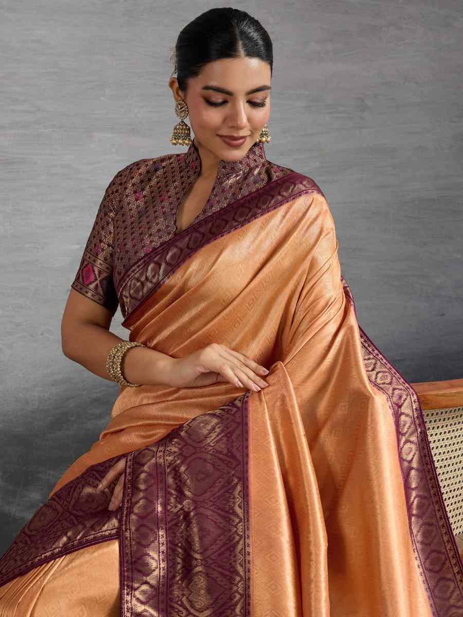 Peach Kanjivaram Soft Silk Handwoven Traditional Bridal Reception Festival Wedding Fancy Heavy Border Saree