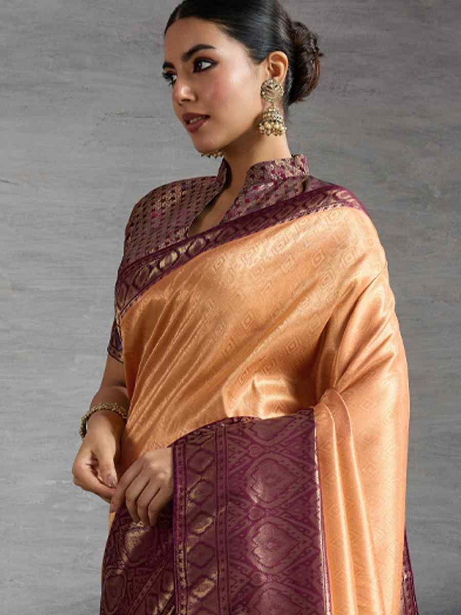 Peach Kanjivaram Soft Silk Handwoven Traditional Bridal Reception Festival Wedding Fancy Heavy Border Saree