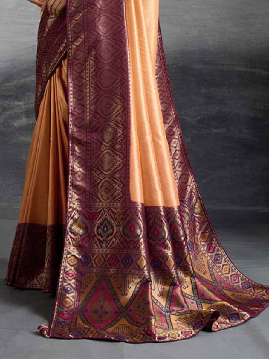 Peach Kanjivaram Soft Silk Handwoven Traditional Bridal Reception Festival Wedding Fancy Heavy Border Saree