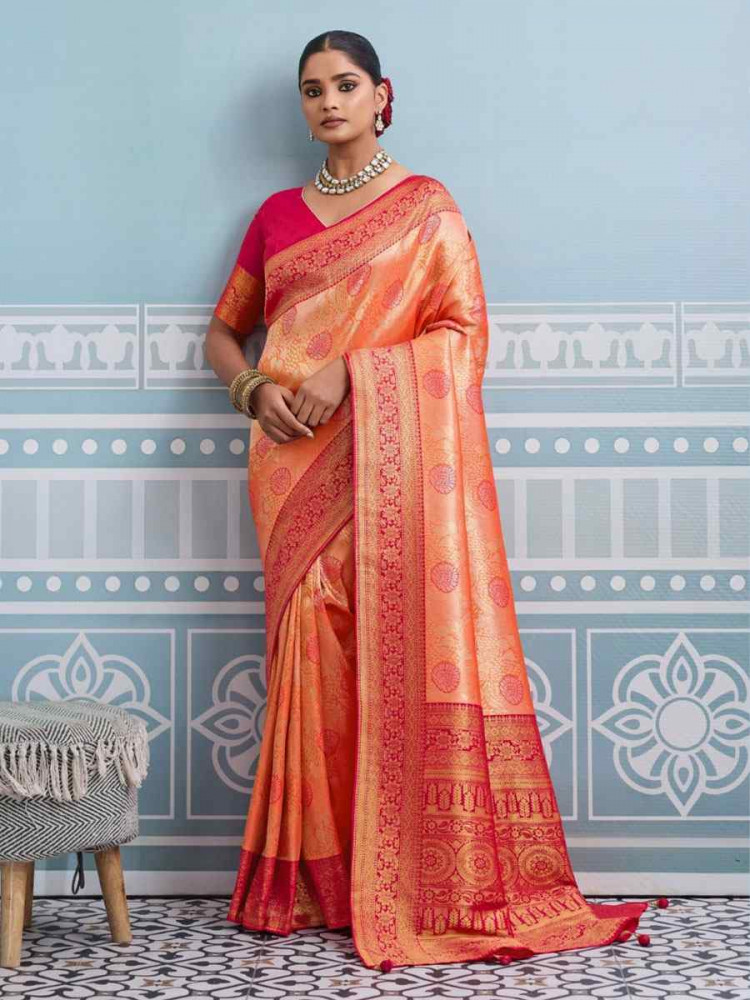 Image of Peach Kanjivaram Soft Silk Kanjivaram Traditional Casual Reception Festival Wedding Fancy Heavy Border Saree