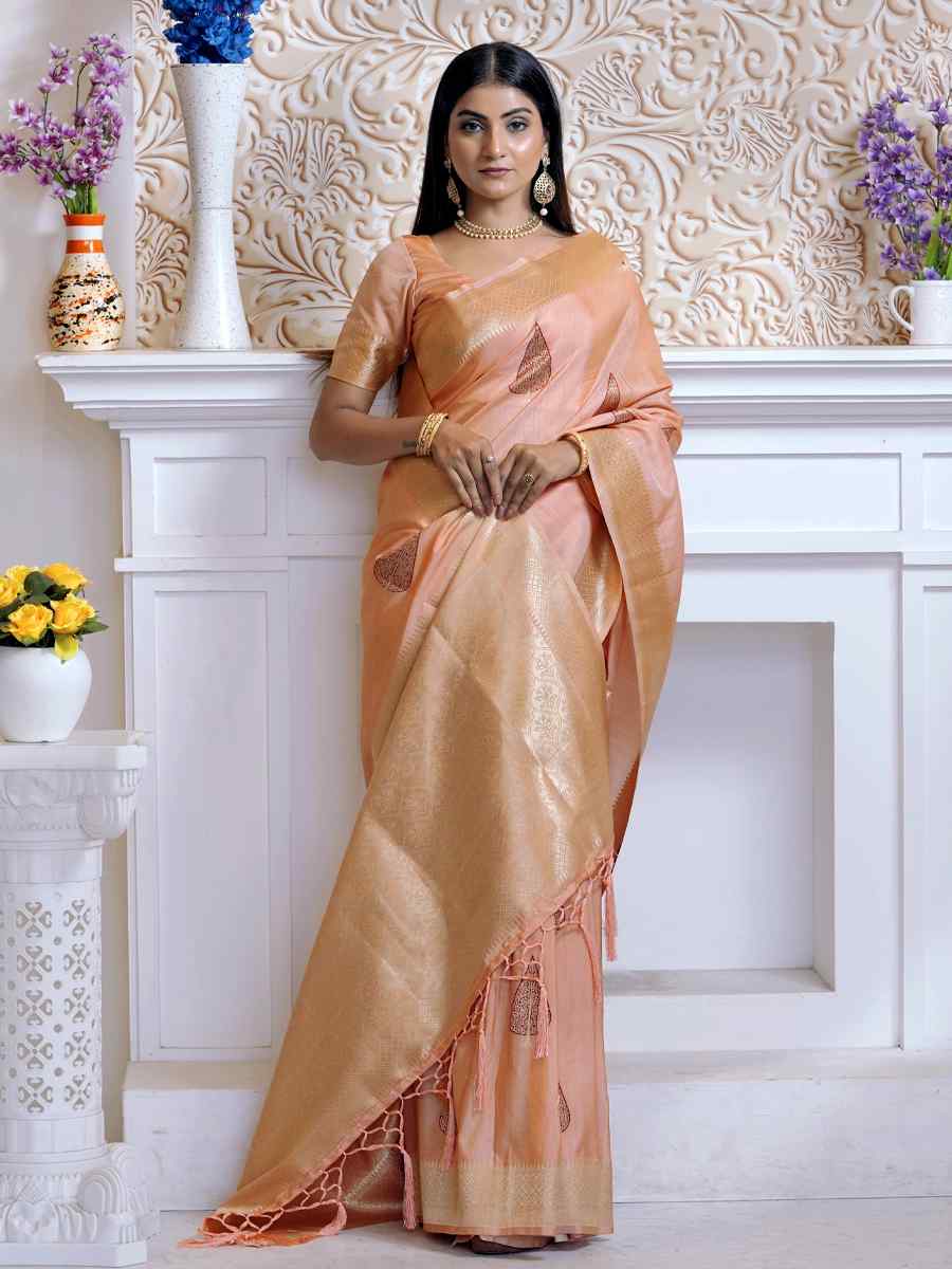 Peach Katan Silk Handwoven Wedding Festival Heavy Border Saree