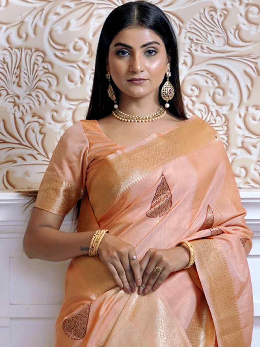 Peach Katan Silk Handwoven Wedding Festival Heavy Border Saree