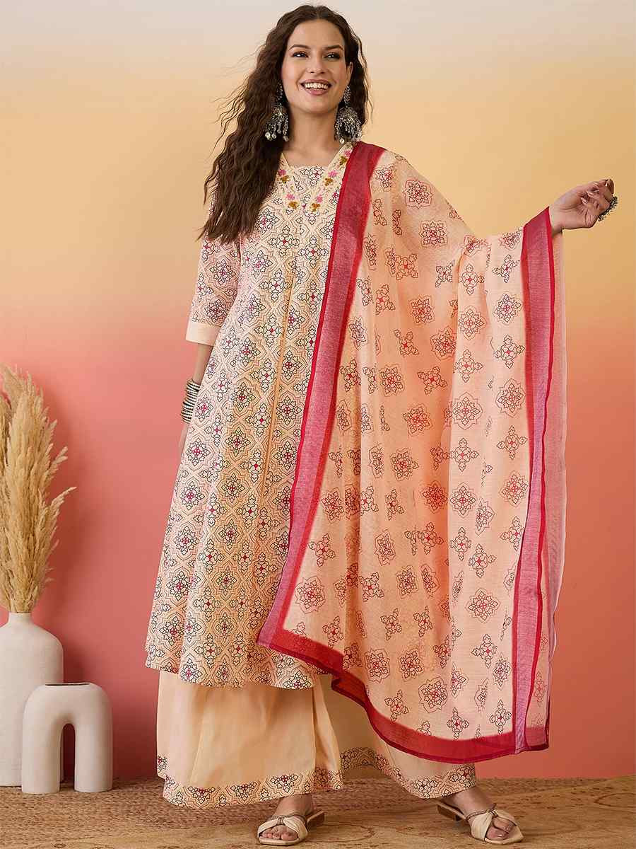 Peach Khadi Silk Embroidered Party Wedding Ready A-Line Salwar Kameez