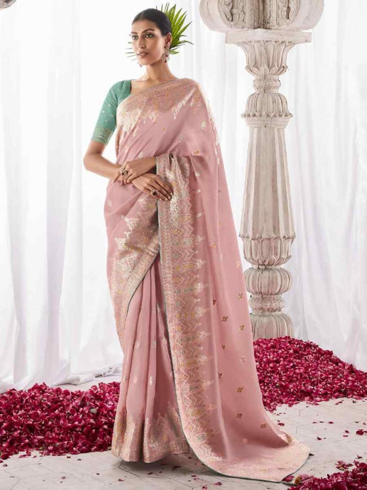 Peach Kora Silk Handwoven Wedding Festival Heavy Border Saree