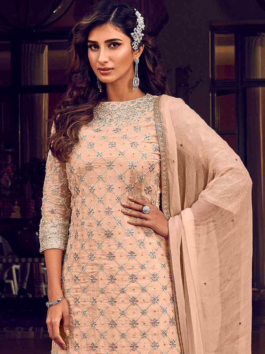 Peach Krive Georgette Embroidered Festival Wedding Palazzo Pant Salwar Kameez