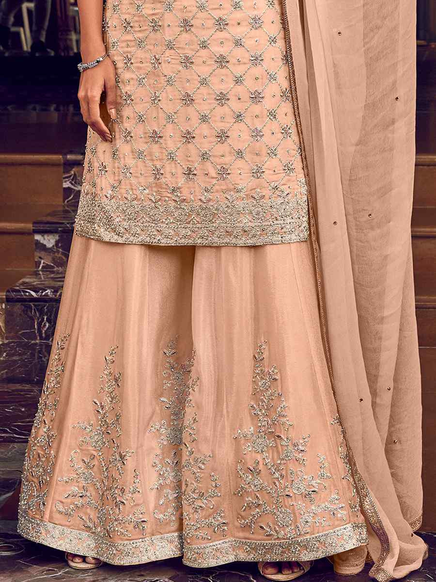 Peach Krive Georgette Embroidered Festival Wedding Palazzo Pant Salwar Kameez