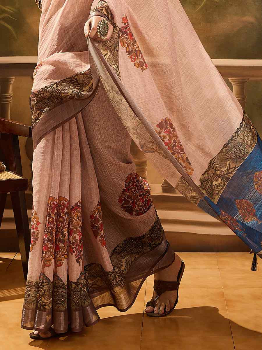Peach Linen Cotton Blend Printed Casual Reception Festival Wedding Fancy Classic Style Sarees