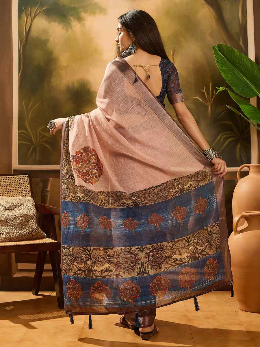 Peach Linen Cotton Blend Printed Casual Reception Festival Wedding Fancy Classic Style Sarees
